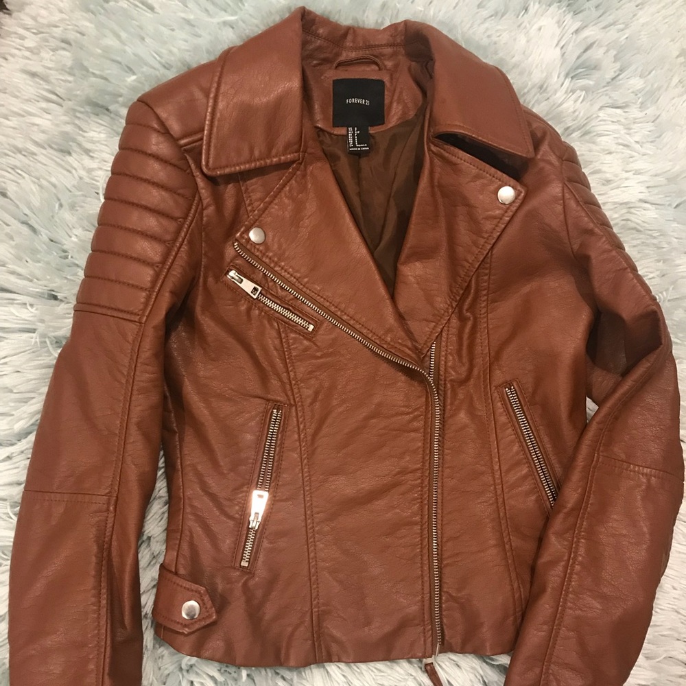 Faux leather moto jacket-cognac